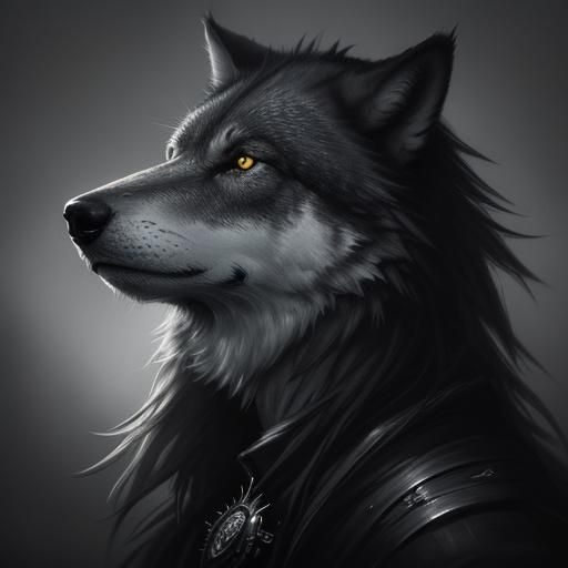Dark Grey Wolf Charcoal Portrait with Intricate Spider Eyes