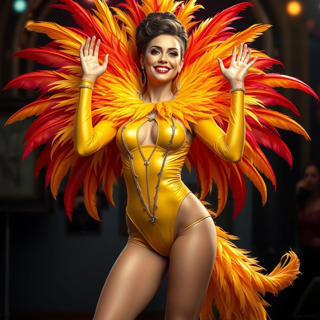 Stunning Showgirl with Feathers in Hyperrealistic Style