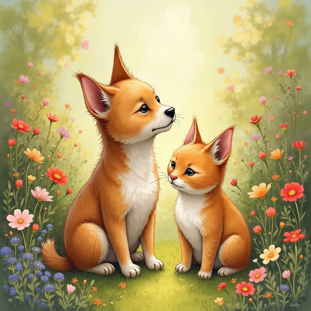 Whimsical Garden Scene with Dog and Cat