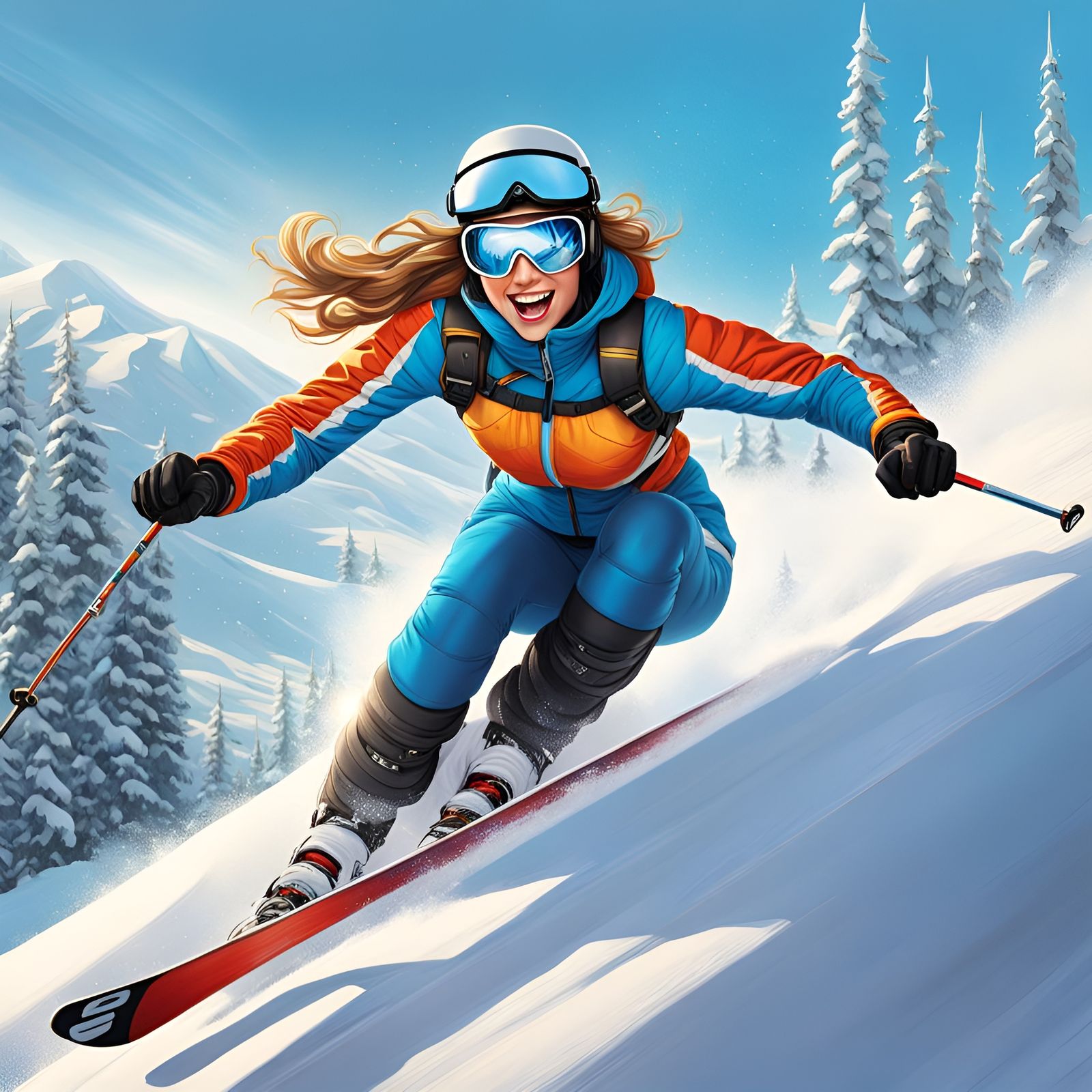 Skiing Goddess with Sparkling Blue Eyes
