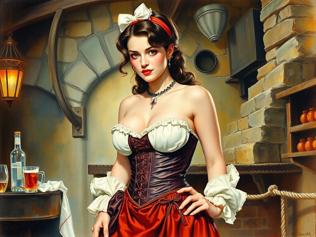 Medieval Tavern Maid in Mixed Media Pin-Up Style