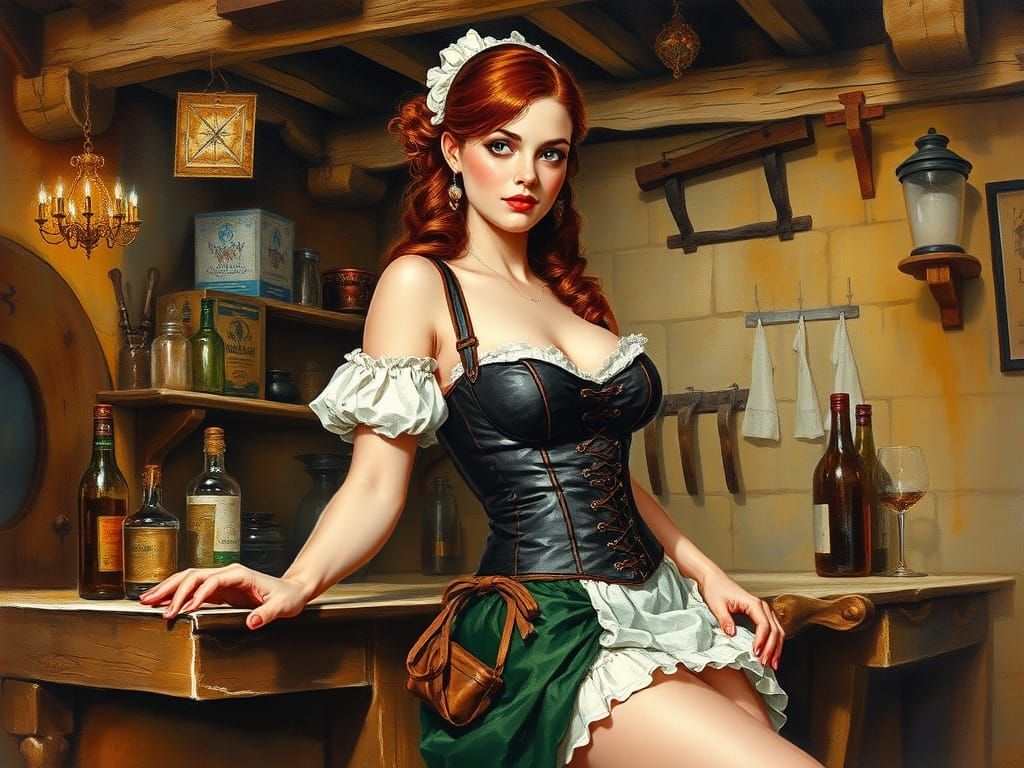 Medieval Tavern Maid in Oil and Watercolor