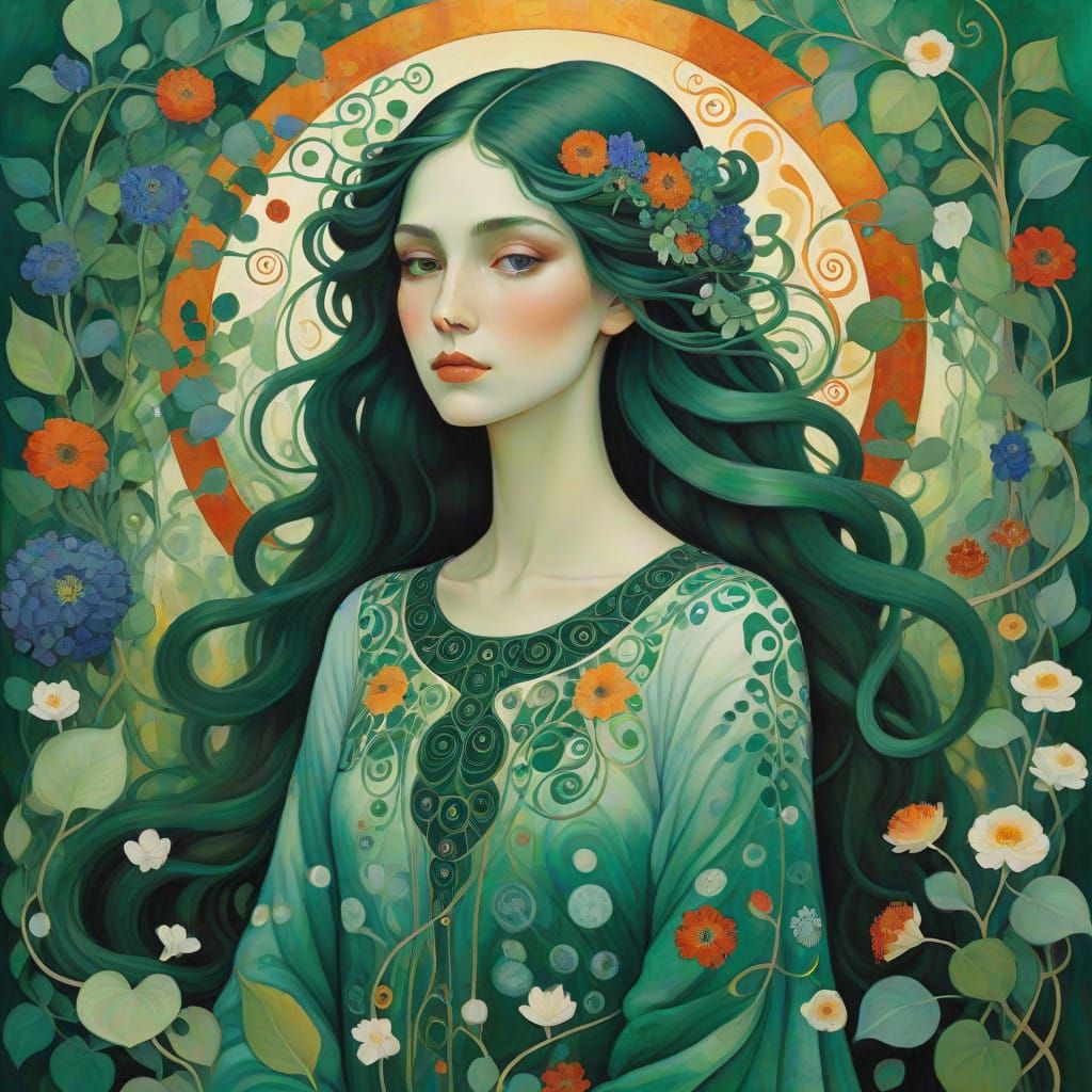 Serene Green Goddess in Vibrant Botanical Dreamscape