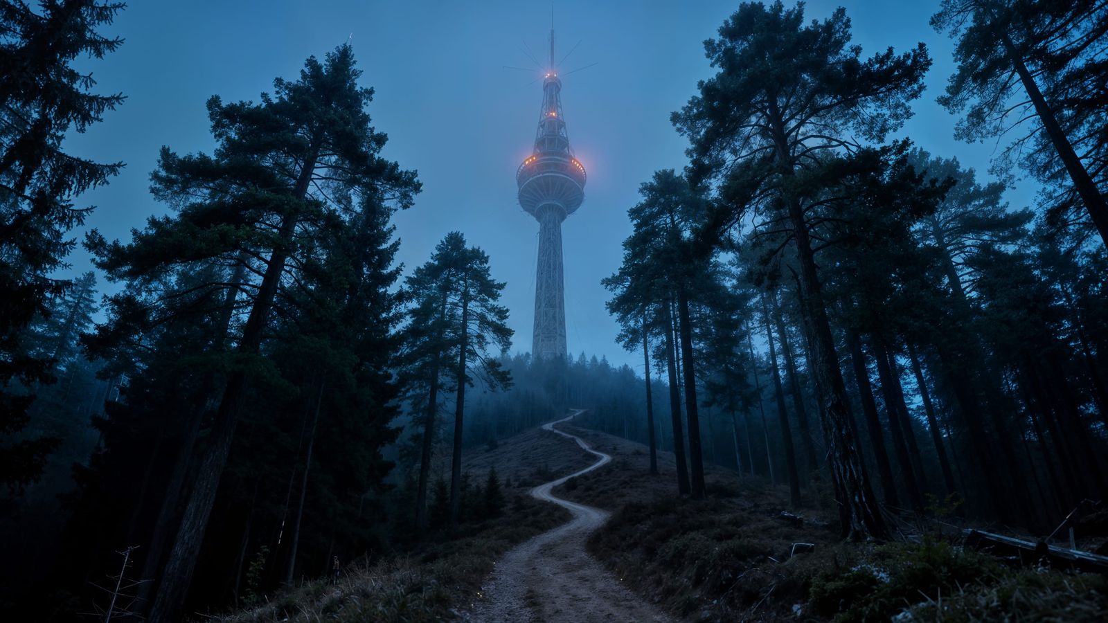 Mysterious TV Tower in Foggy Forest at Dusk