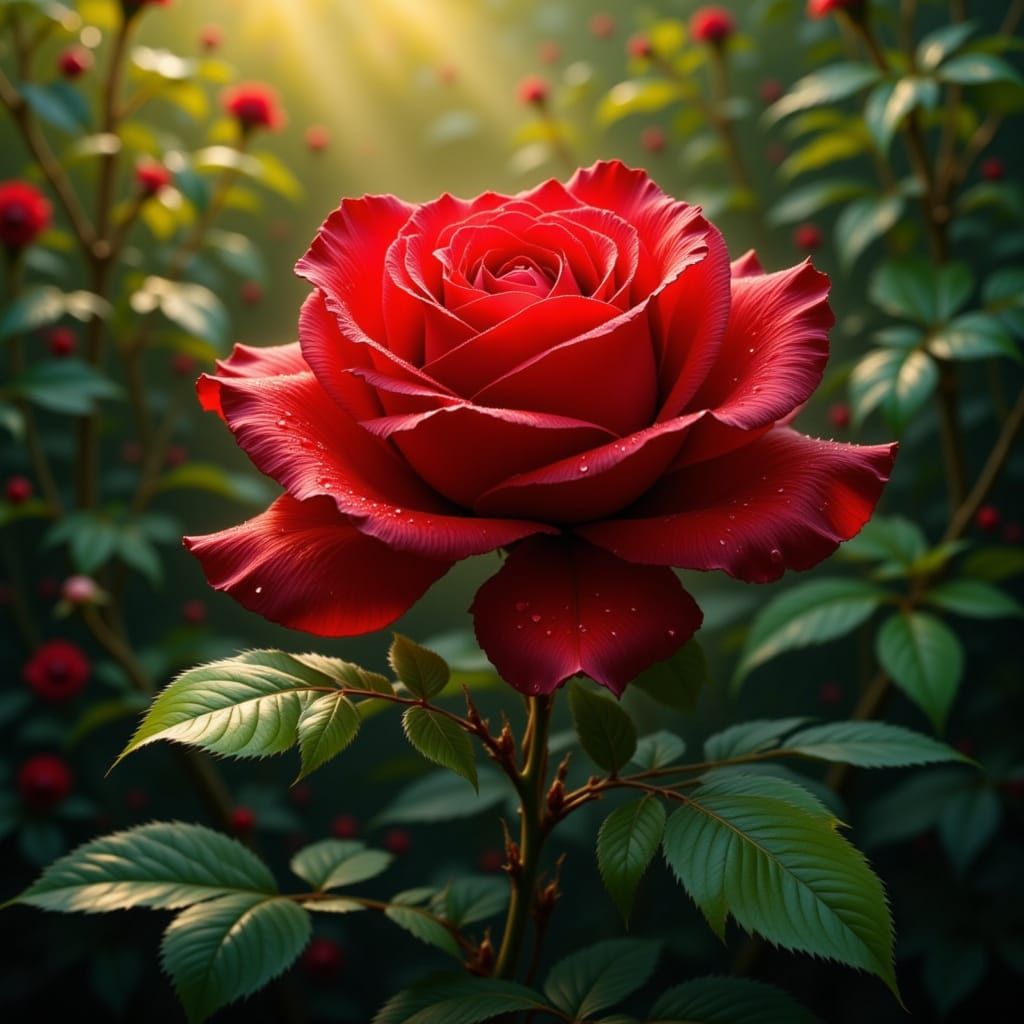 Hyperrealistic Red Rose with Dew Drops and Bokeh