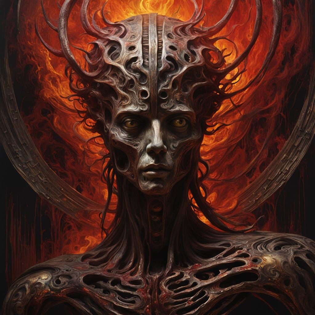 Délire Écarlate (Scarlet Madness)
The figure is a dynamic swirl of fiery reds, oranges, and golds, representing passiona...