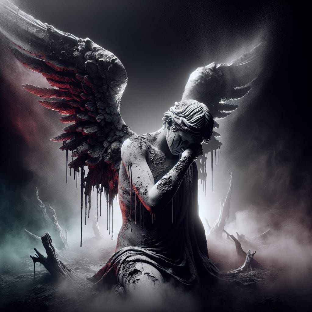 Worn and Damaged Angel in a Vibrant, Misty Scene