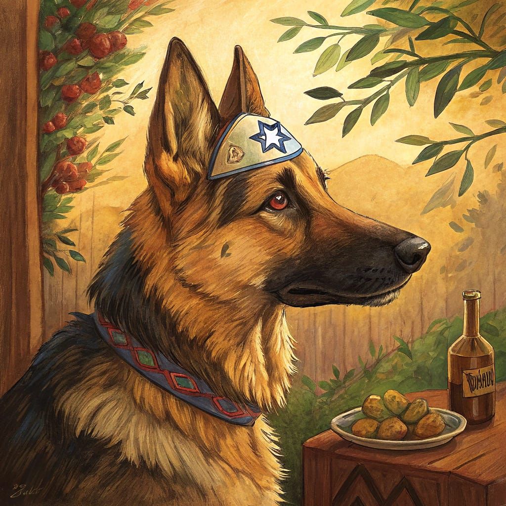 German Shepherd Dog with Kippah in Impressionist Style