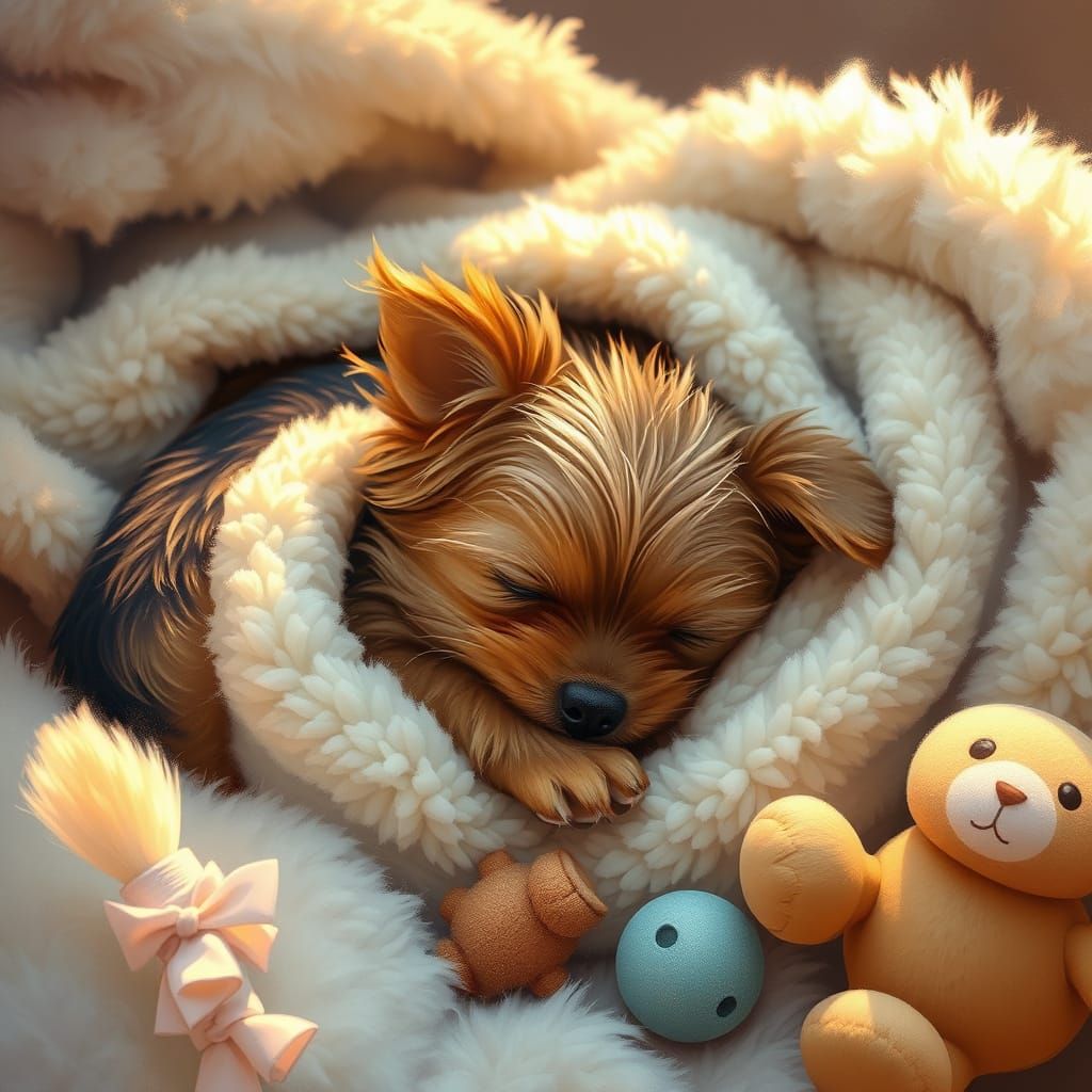 Cozy Brown Yorkie Puppy in Whimsical Watercolor Style