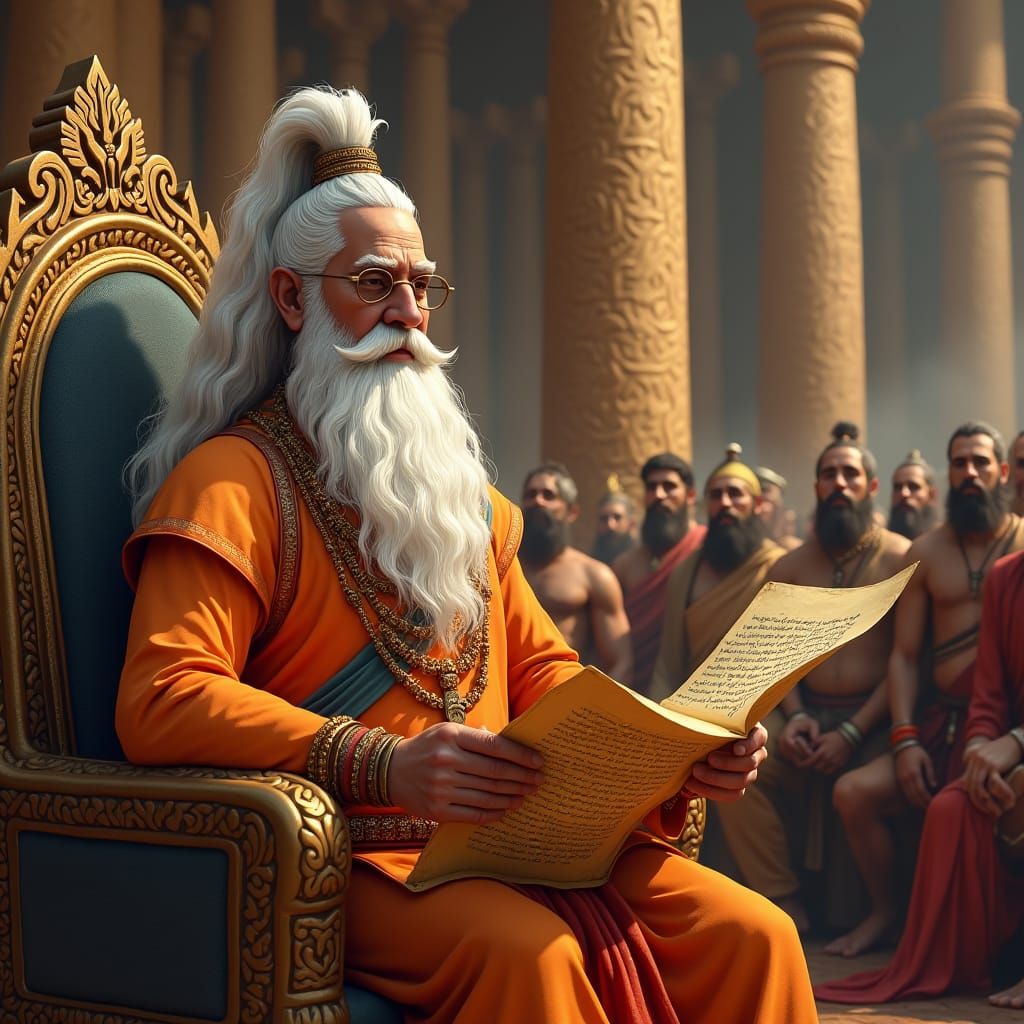 Regal Warrior Bhishma Reads from the Mahabharata in Ancient....