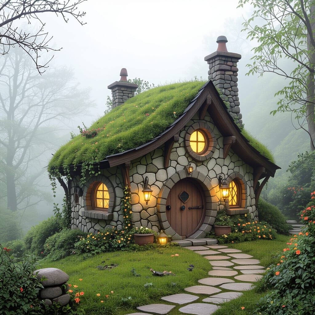 Whimsical Hobbit House with Glowing Lanterns