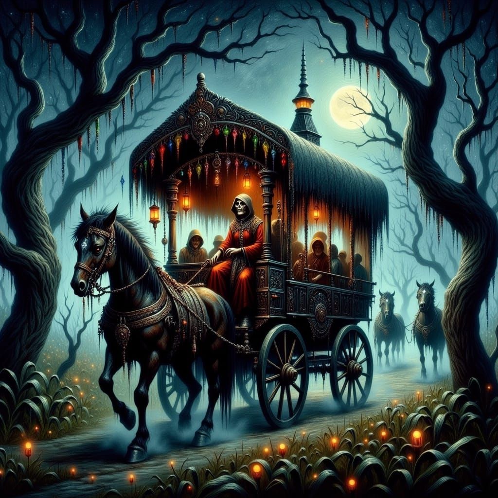 Vibrant Gypsy Wagon Winds Through Carpathian Forest in Whims...