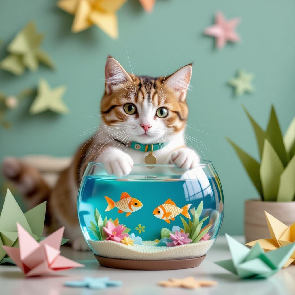 Cat Plays With Fish in Papercraft Aquarium