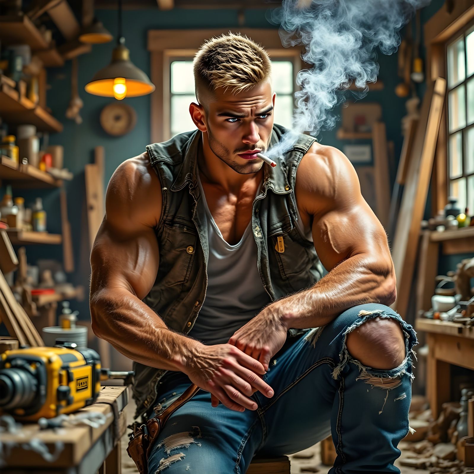 Rugged Home Improvement Worker Takes a Moment of Contemplati...