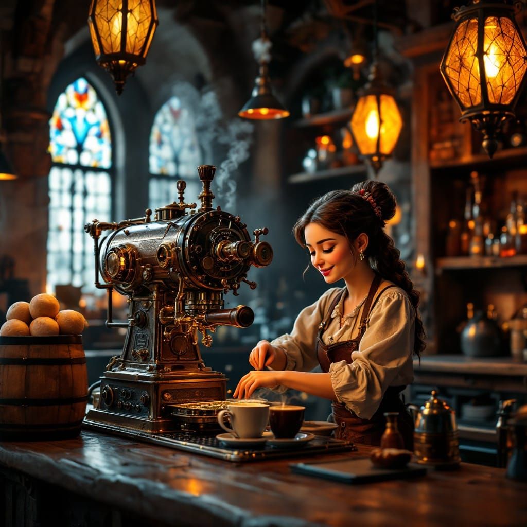 Steampunk Café: Whimsical, Cinematic Coffee House Scene