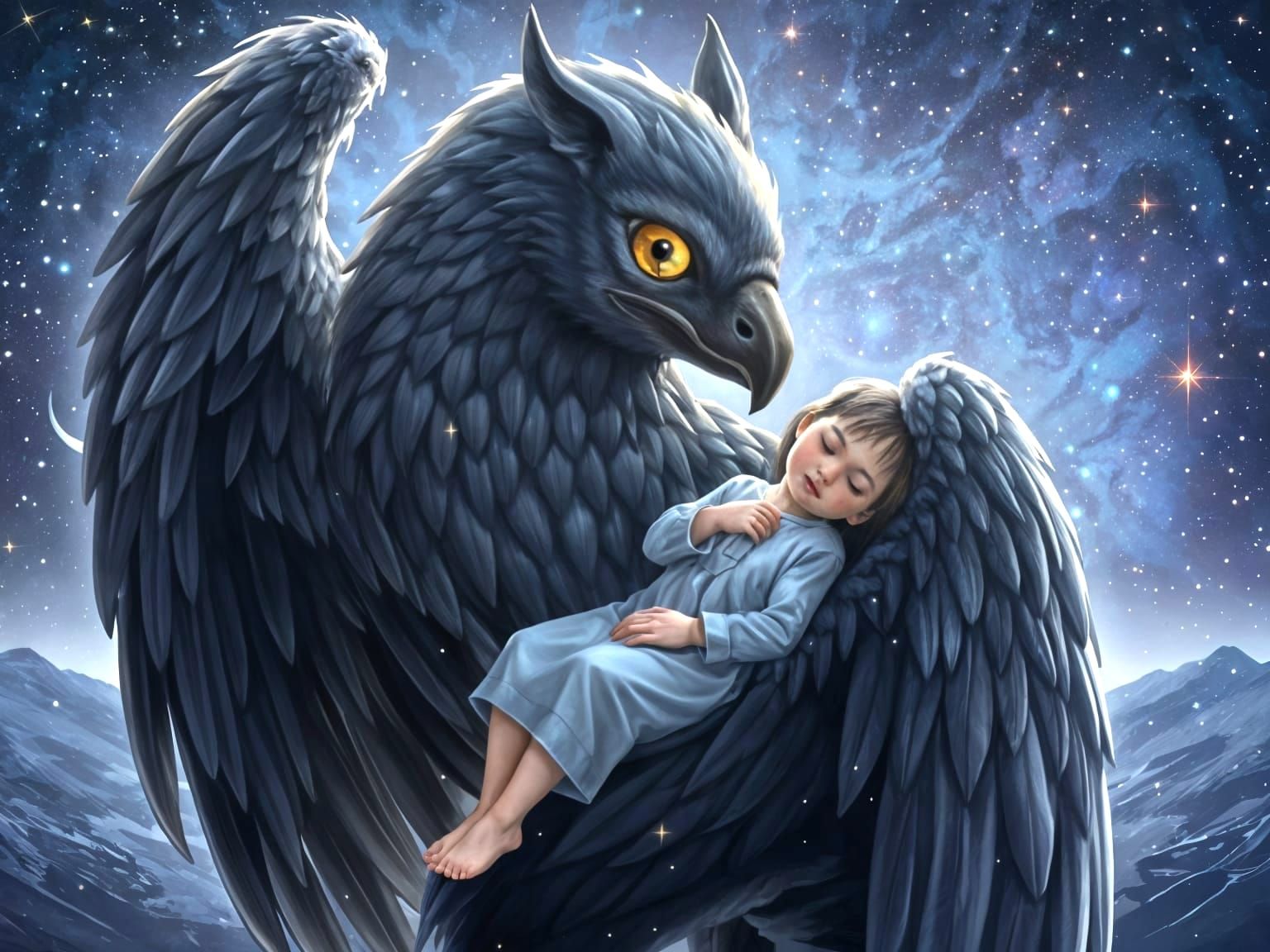 Griffin Protecting Sleeping Child Under Starlit Sky