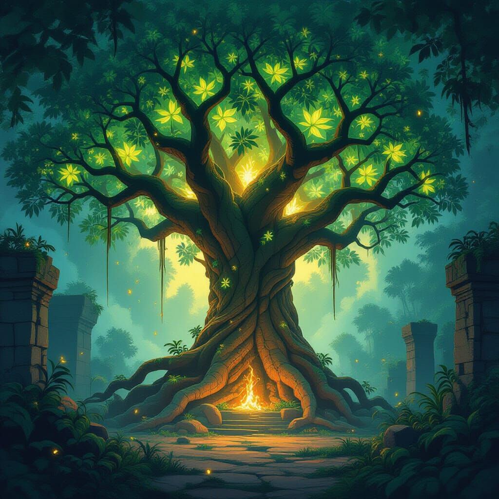 Ancient Bioluminescent Tree in Forgotten Jungle Clearing