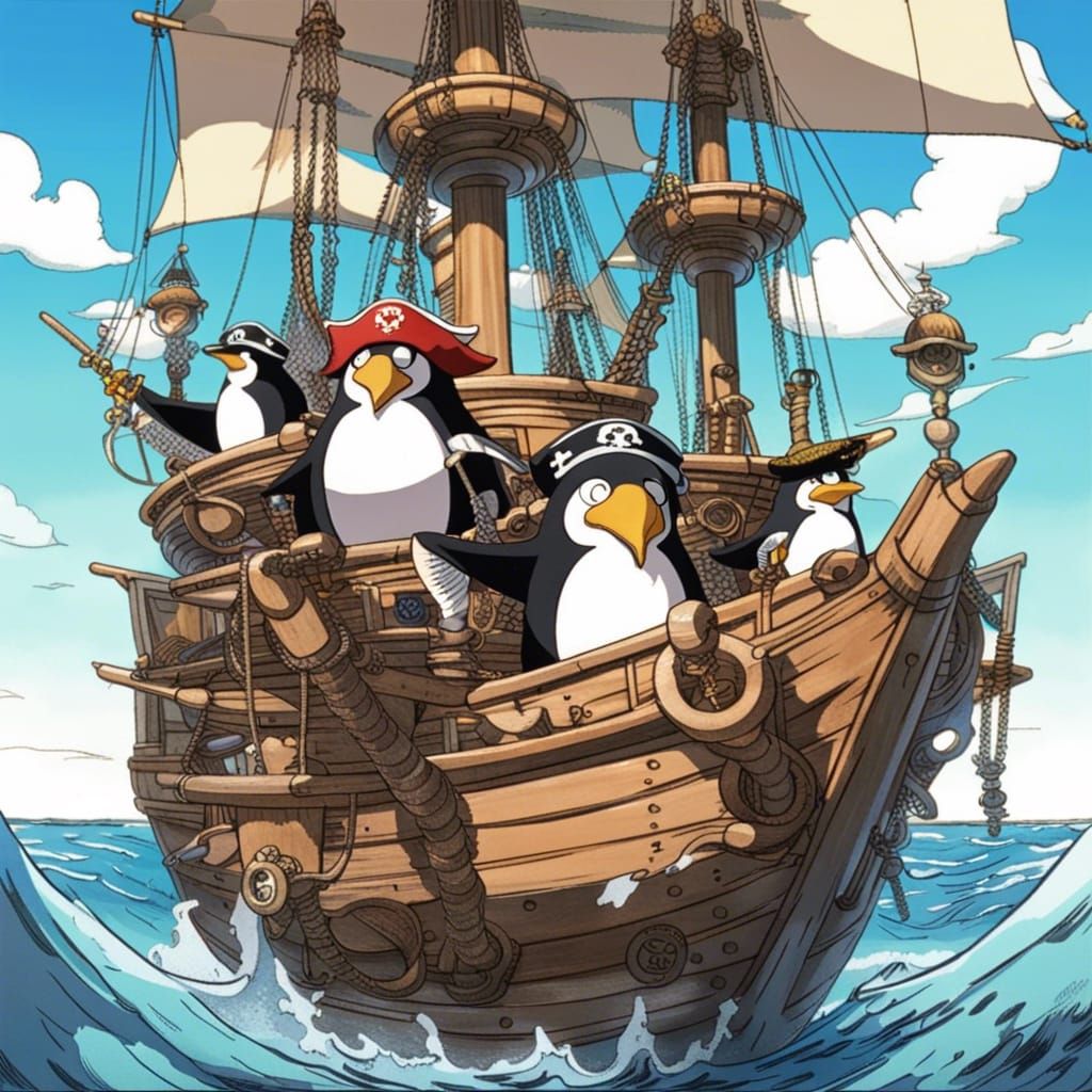 Penguin Pirates on a Pirate Ship in Anime Style