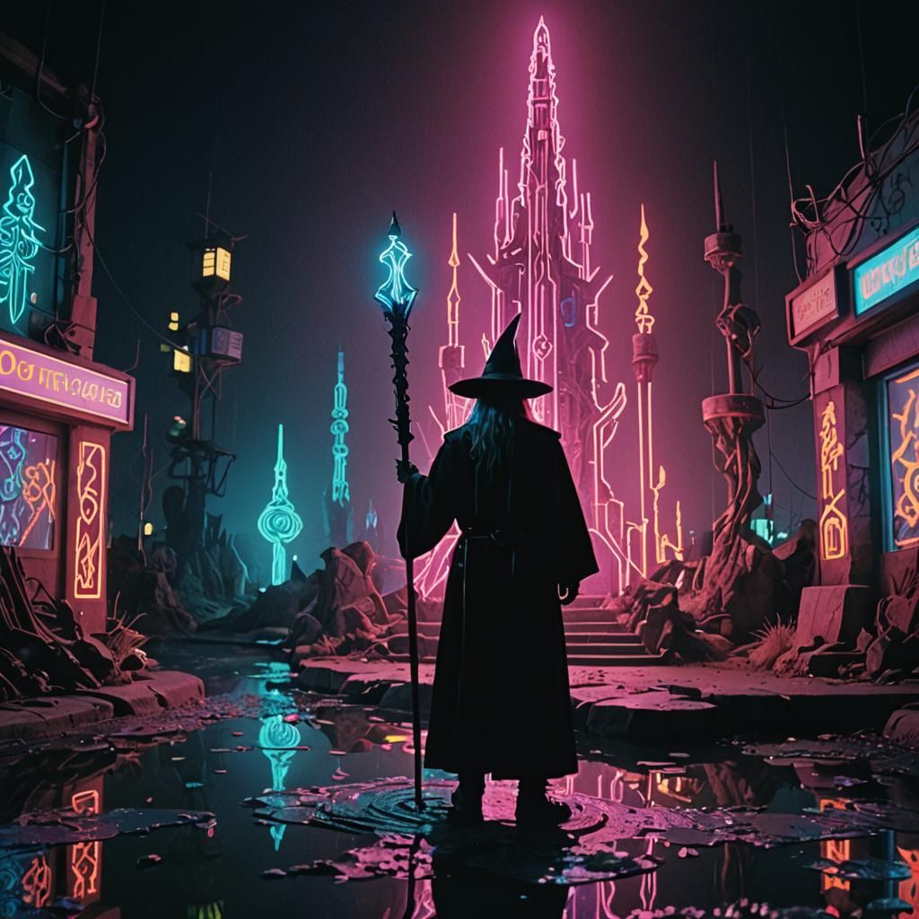 Cyberpunk Wizard at Midnight in Dreamcore Style