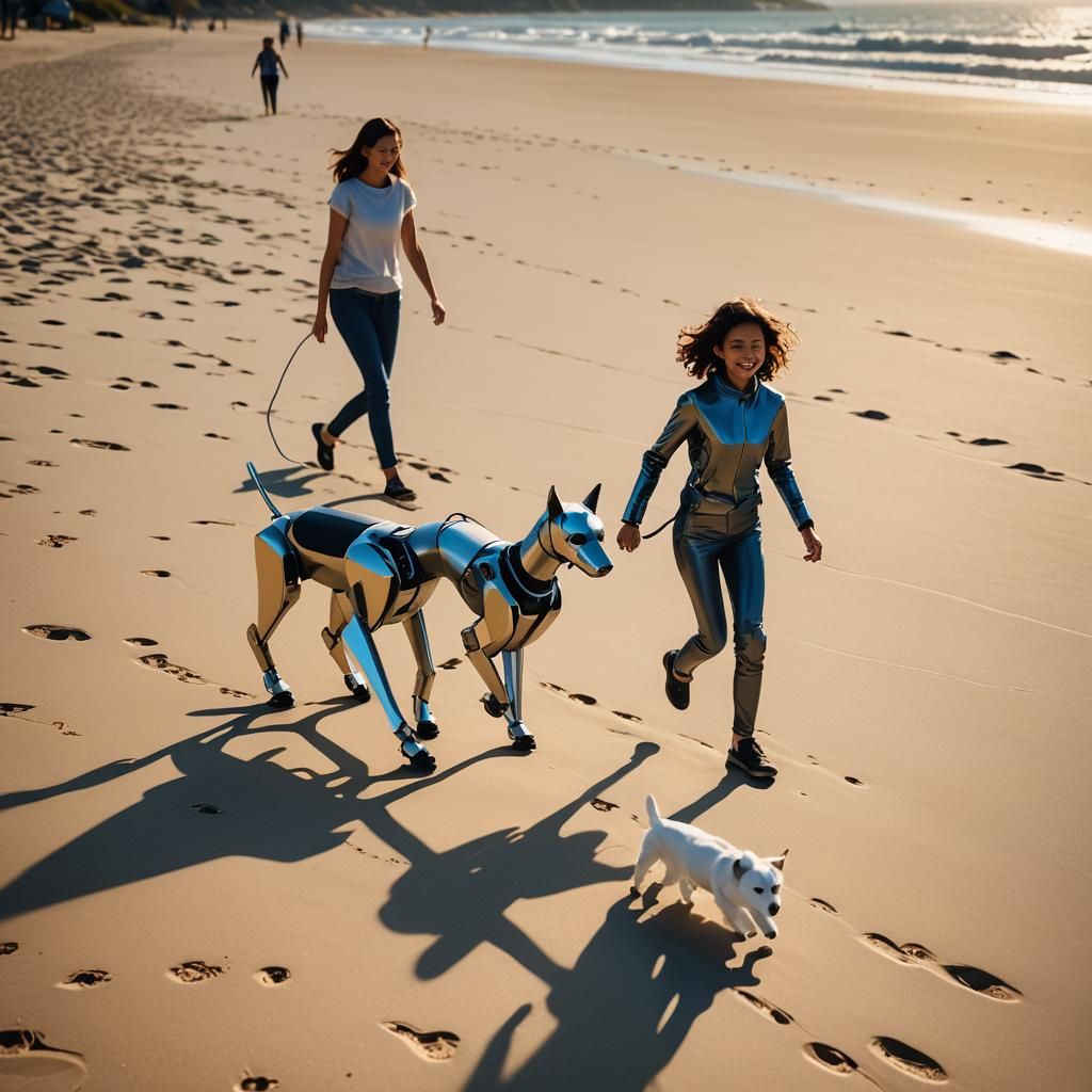 Golden Hour Beach Scene with AI Robot and Family