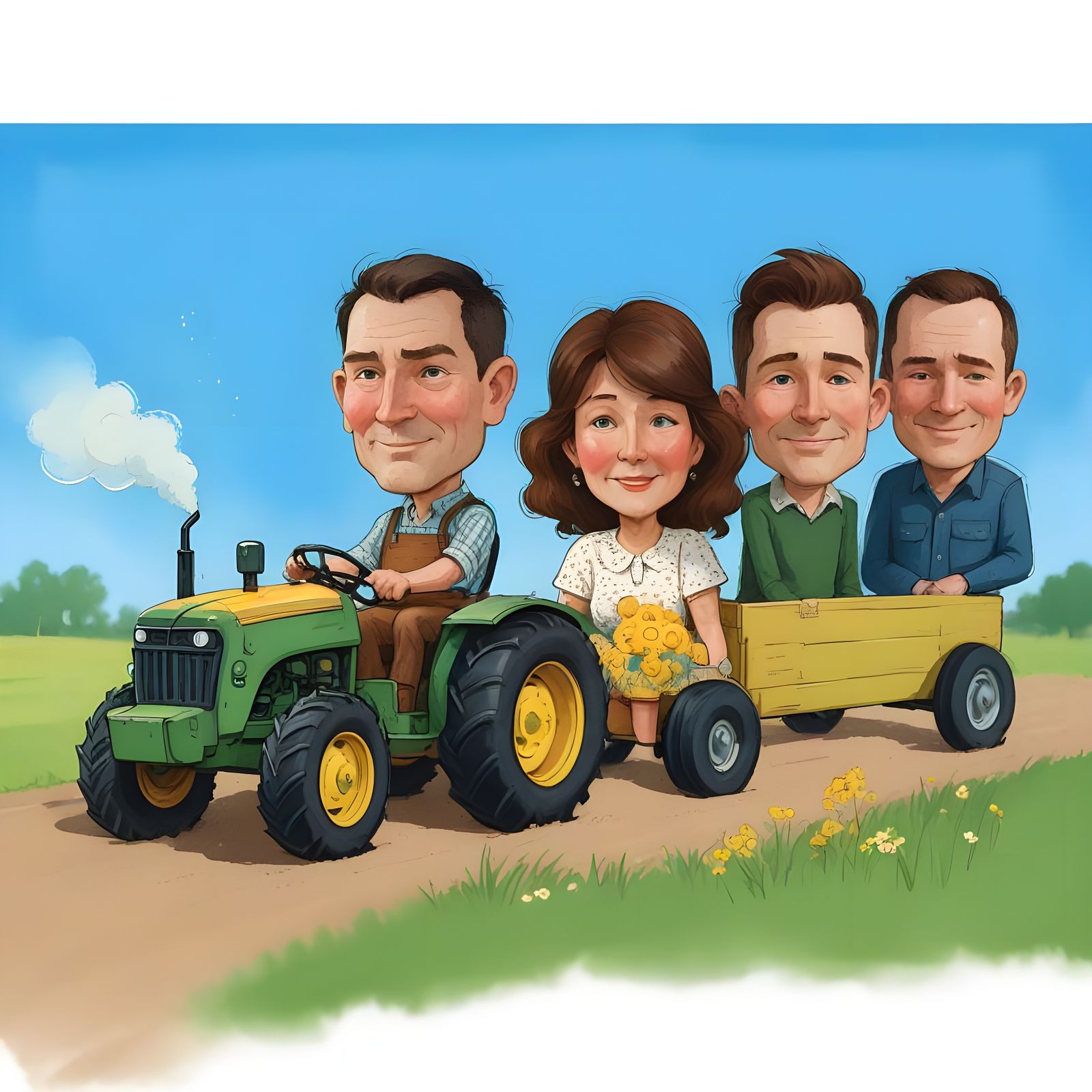 Caricature of Farmer Driving Tractor with Family