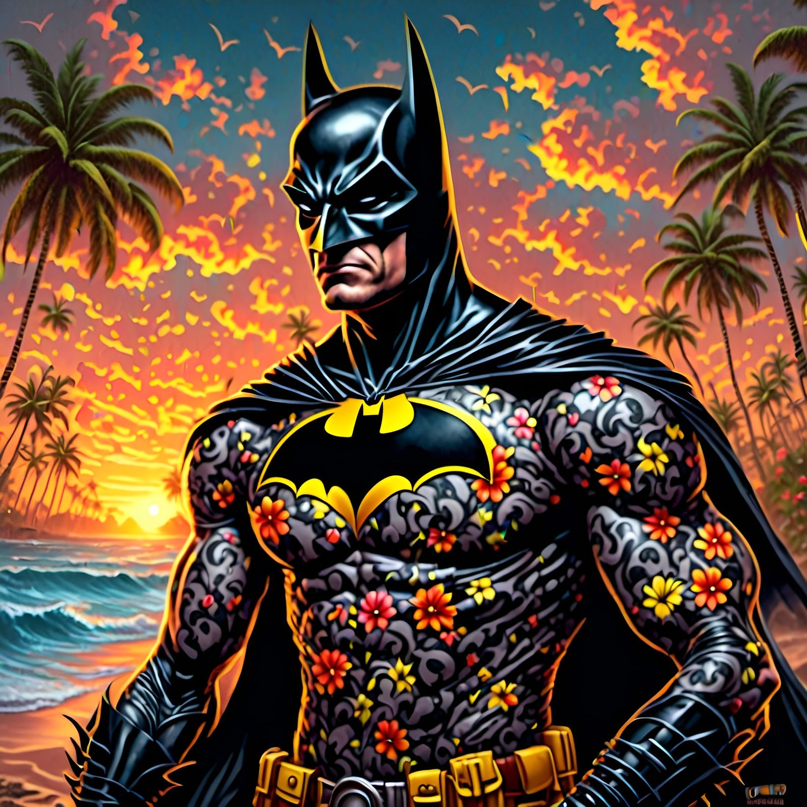 Grim Batman Emerges from Sunset Beach Landscape