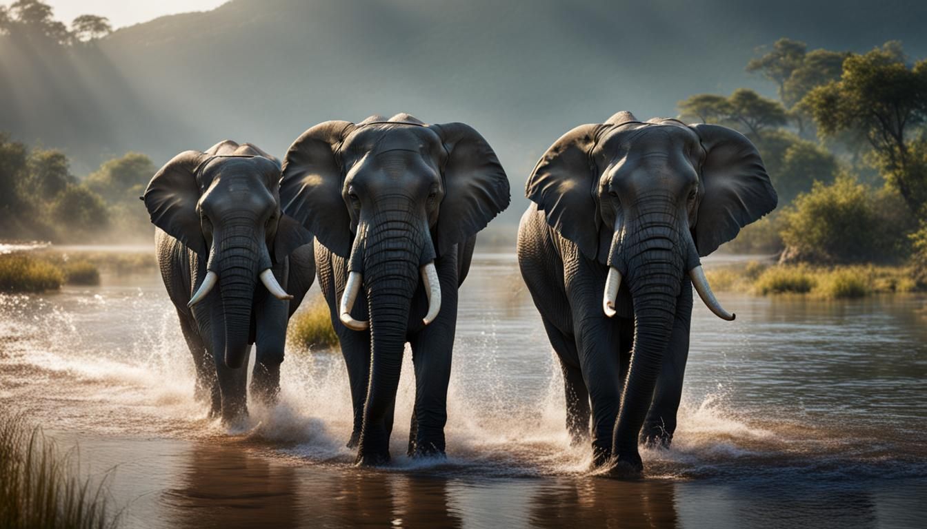 Cinematic Fantasy Elephants in Majestic Waist-High Lake Pose