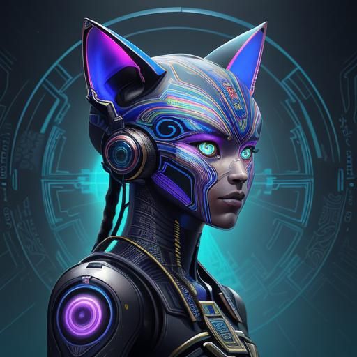 Cute AI Cat Android Robot Adorns Ancient Egyptian Pyramid