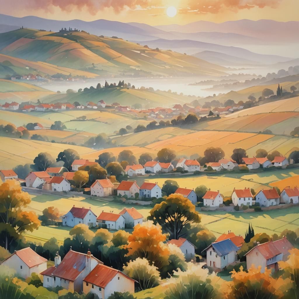 Ethereal Impressionist Village Scene at Dawn