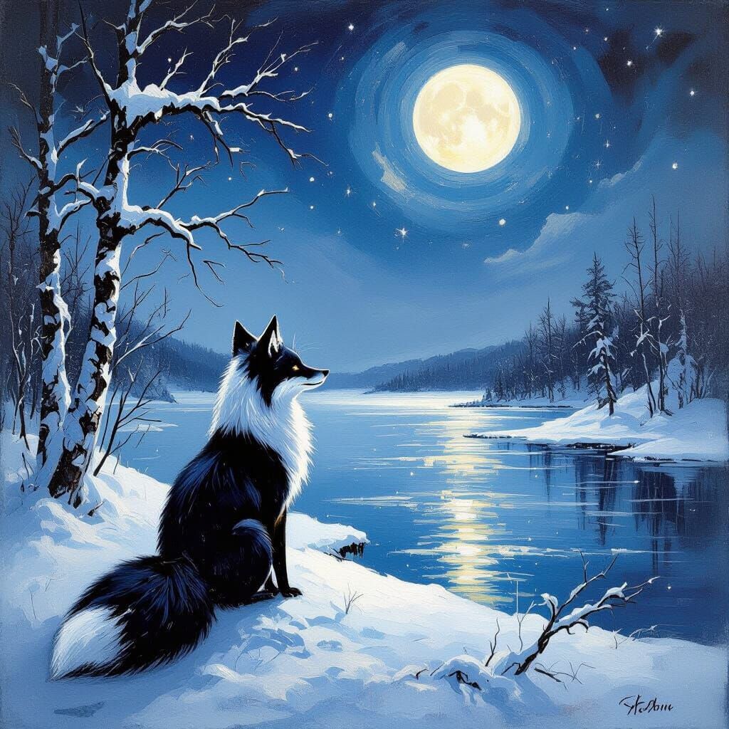 Moonlit Kitsune on Frozen Lake, Expressionist Oil Painting