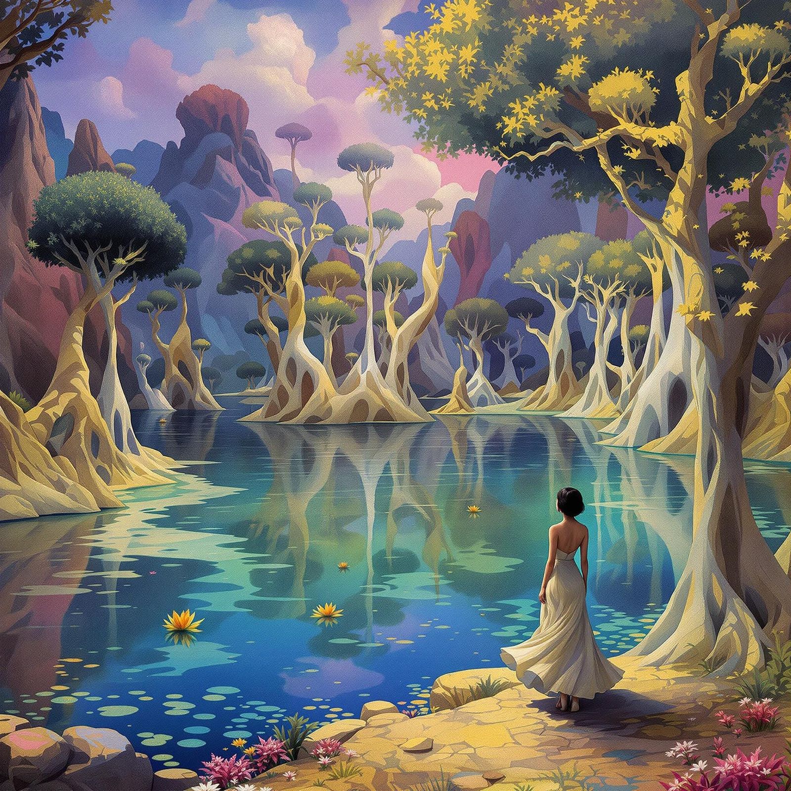 Surrealist Dreamscape with Dreamlike Lake and Melting Trees