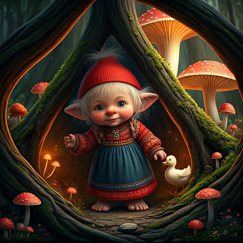Norwegian Troll Toddler Plays in Mushroom Forest