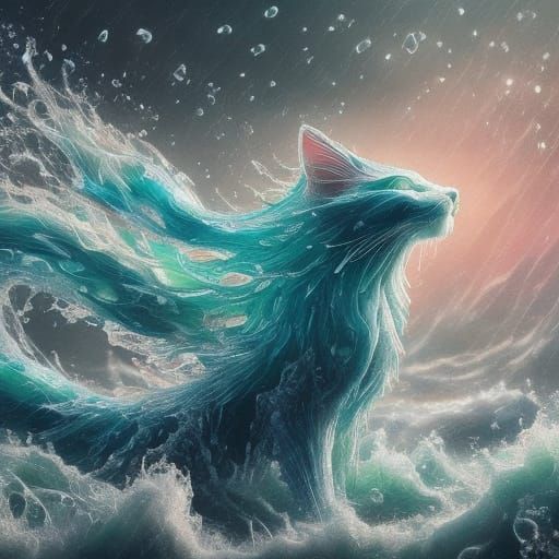 Whimsical Water Cat in Vintage Storybook Style