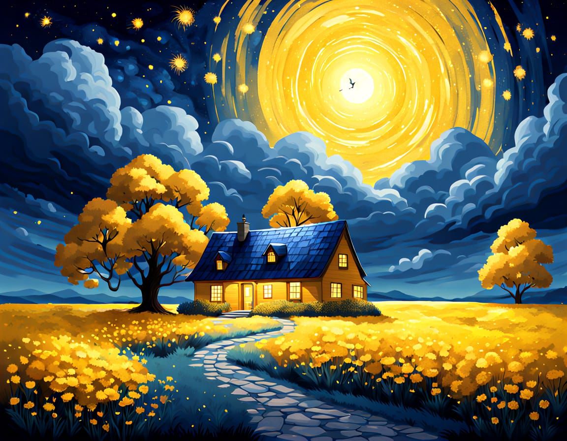 Enchanting Cottage Under Galaxy Umbrella in Wildflower Field