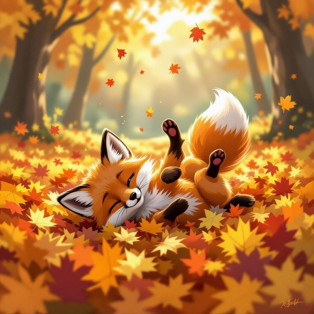 Charming Fox Cub Tumbles in Autumn Leaves
