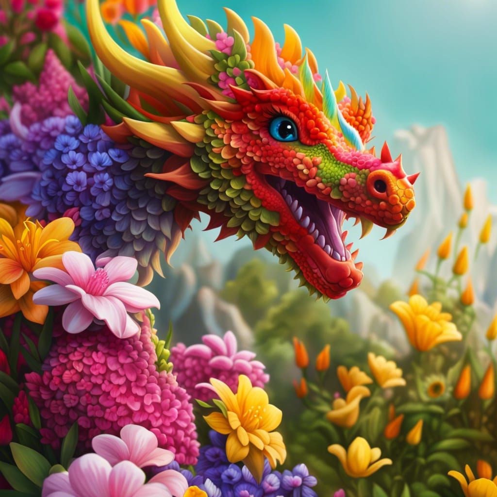 Vibrant Floral Dragon in a Soft, Dreamy Landscape