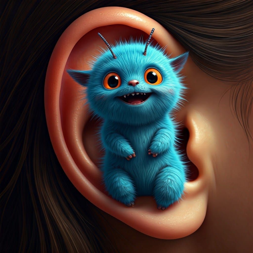 Whimsical Blue Creature Sings in a Human Ear in Hyperrealist...