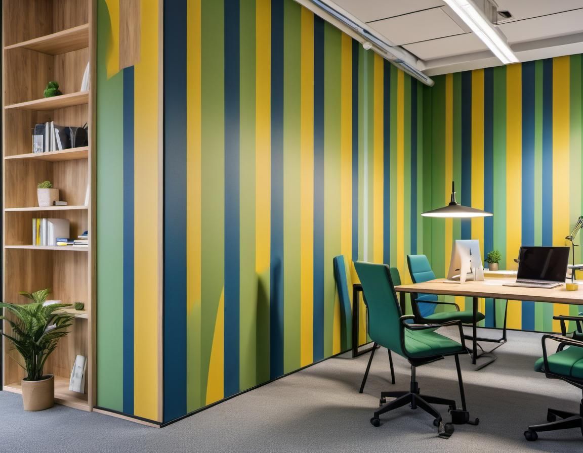 An open space office. Wallpaper and furnitures with very lar...