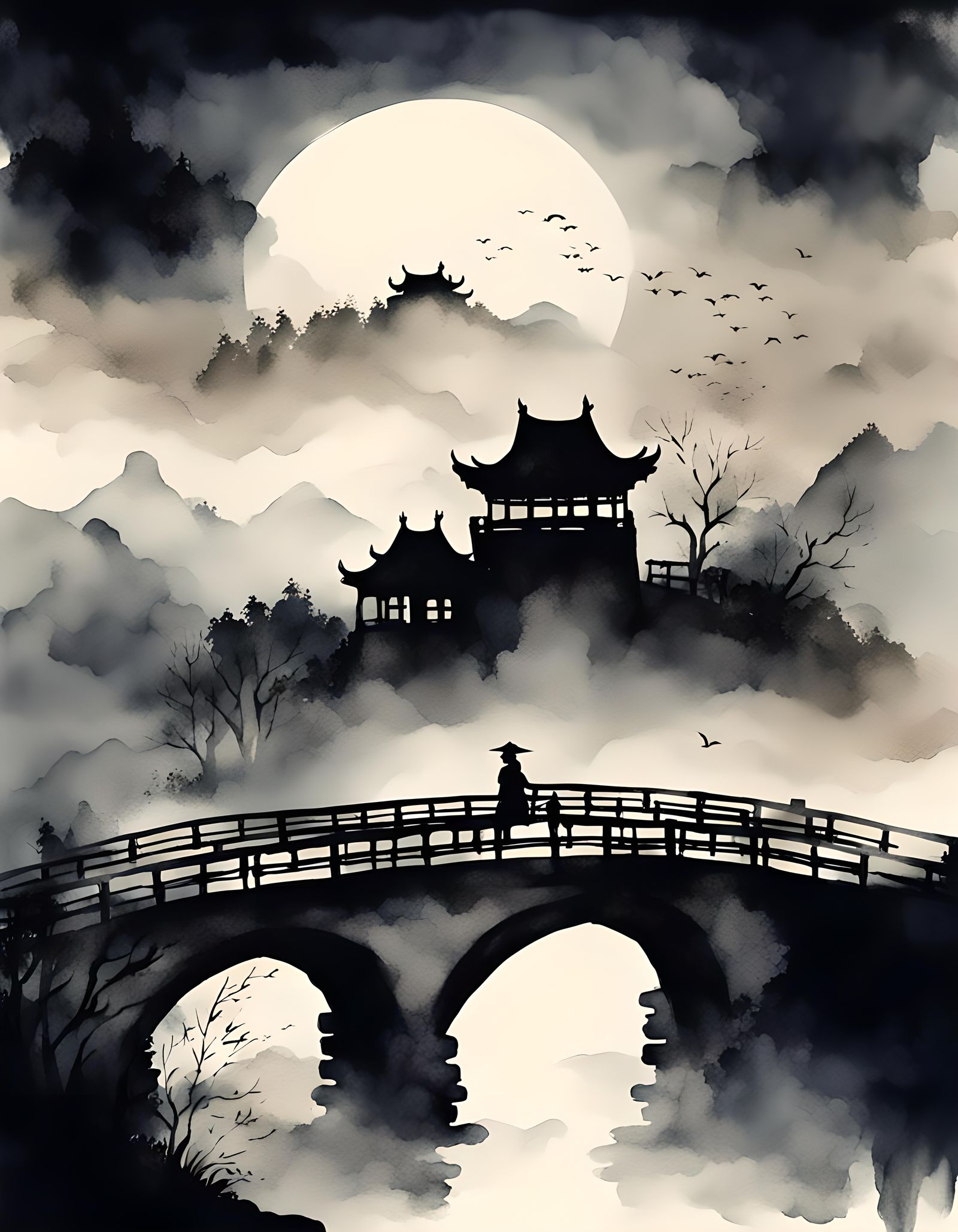Sultry Night Landscape in Chinese Watercolor