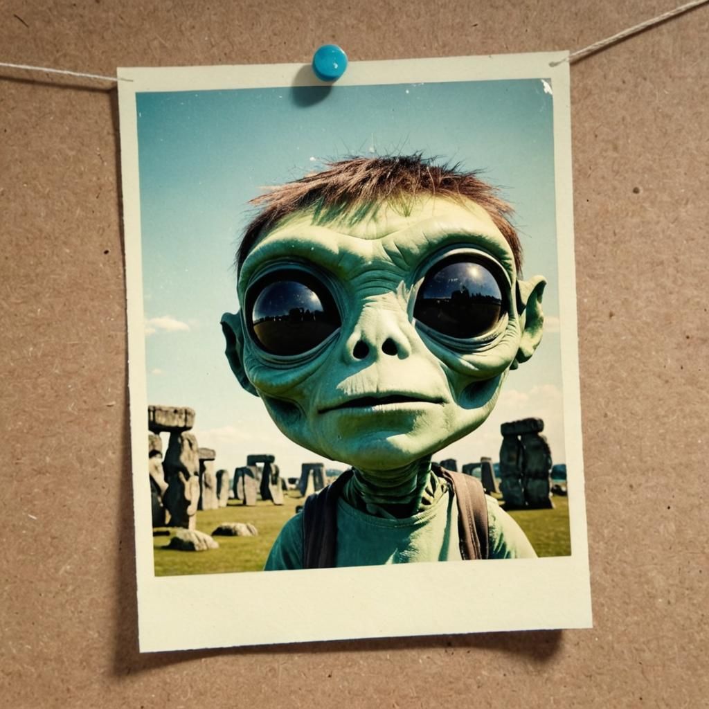 Adorable Alien Waving from Stonehenge in Faded Polaroid