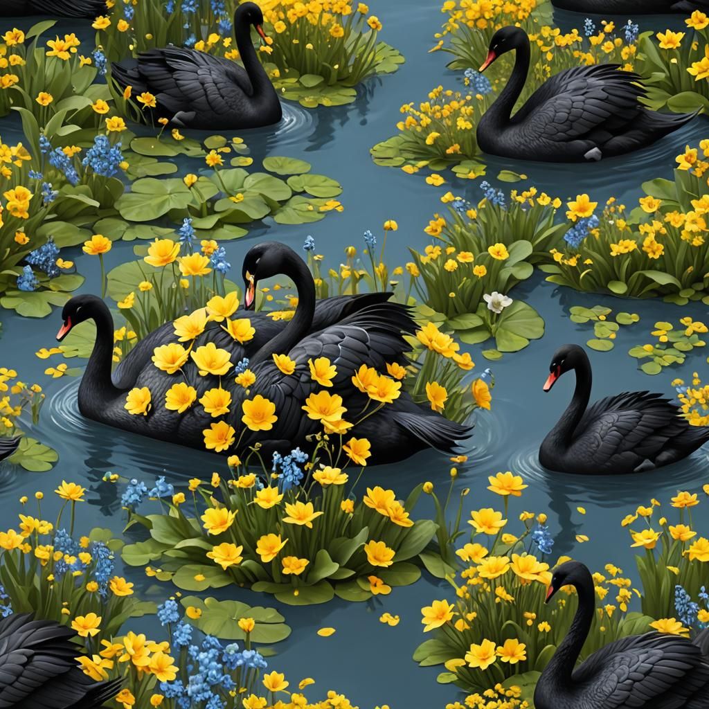 A Black Swan Basks in Vibrant Floral Display