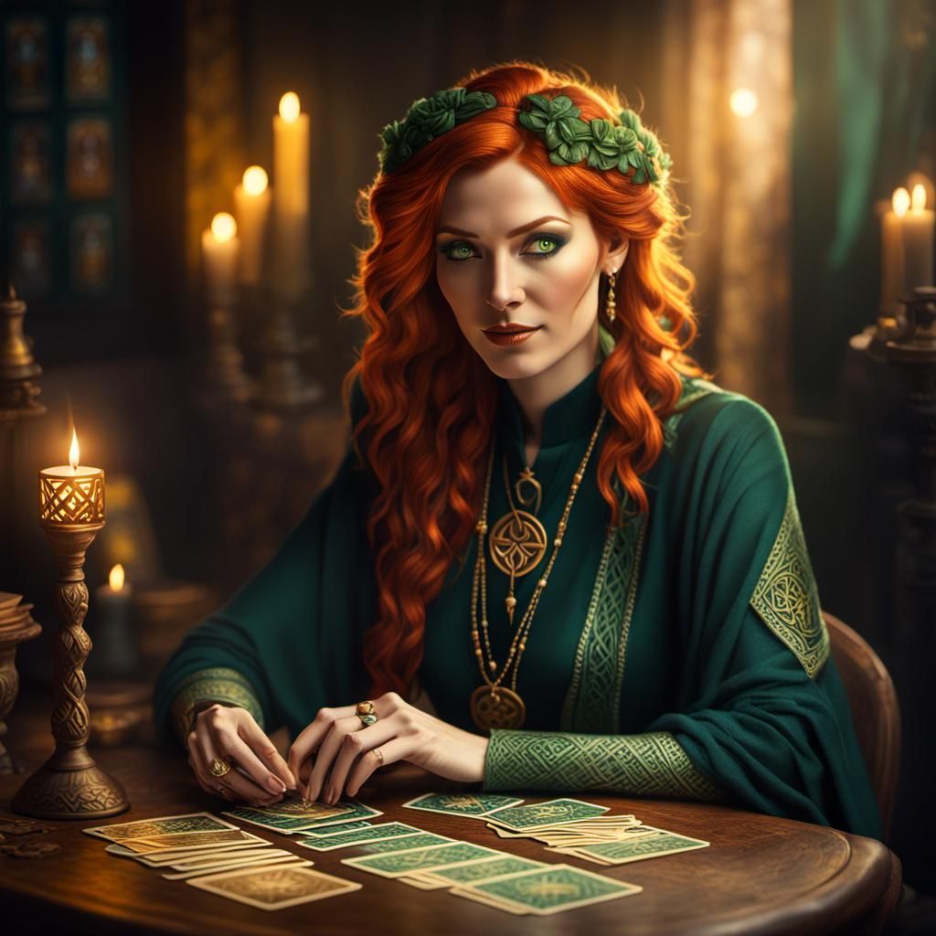 Whimsical Fantasy Tarot Reader with Soft Smile and Golden Li...