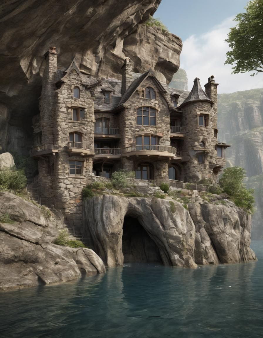 Cozy Rock-Hewn Stone House with Arched Windows and Wooden Tr...