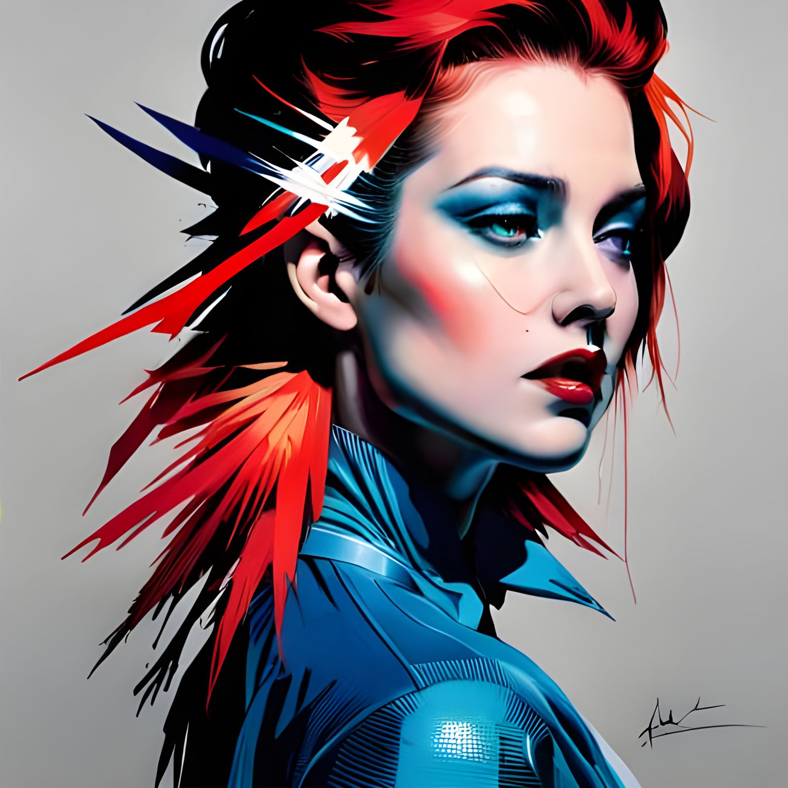 Robot Artist in Vibrant Red and Blue on Dark Background