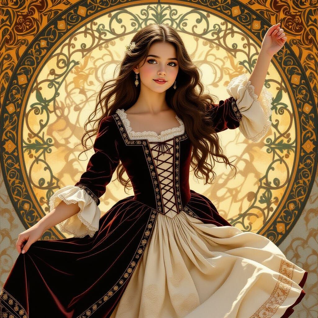 15th Century Girl in Renaissance Dress Dancing in Golden Lig...