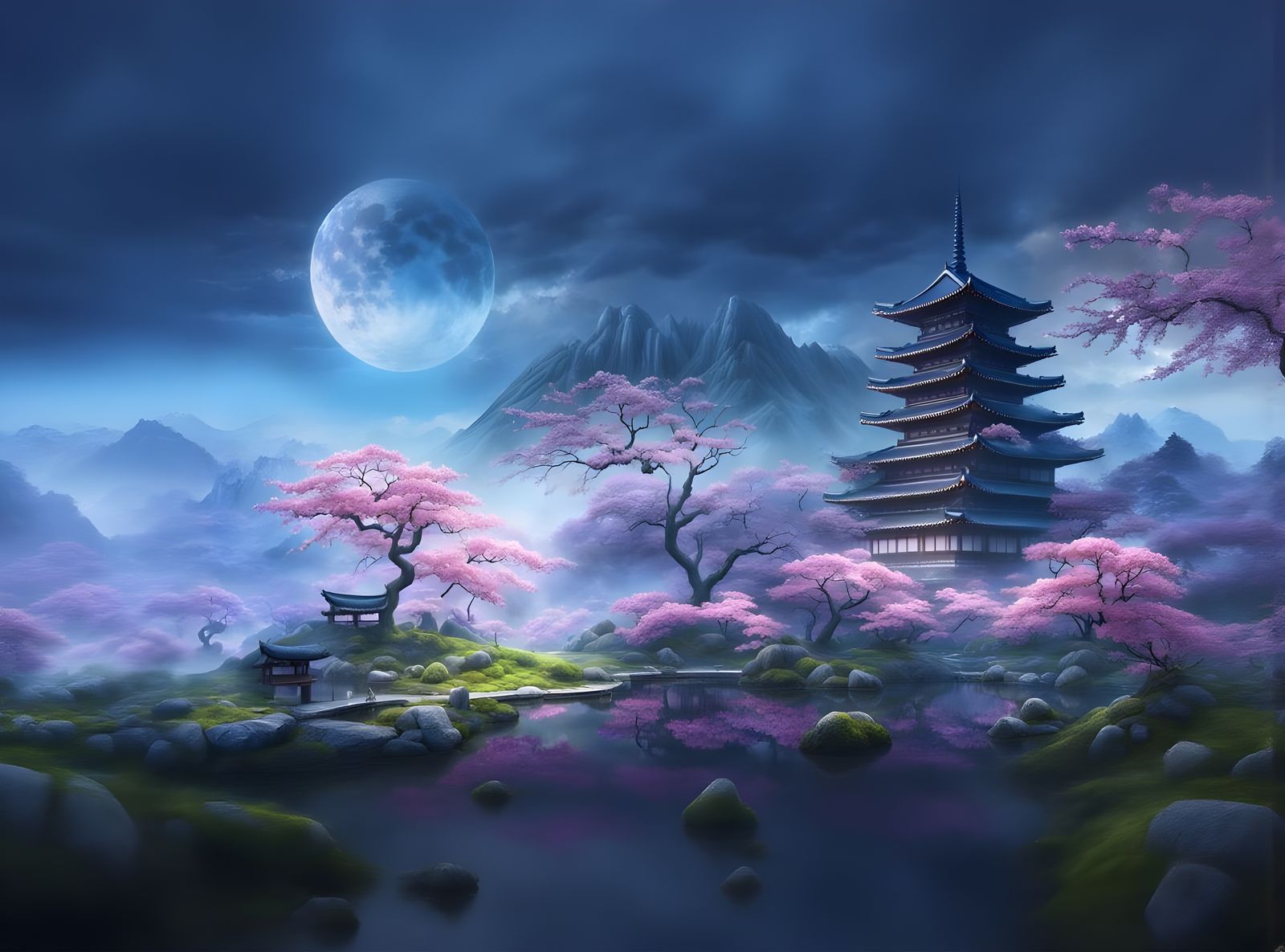Surreal Cherry Blossom Paradise on a Fantastical Planet