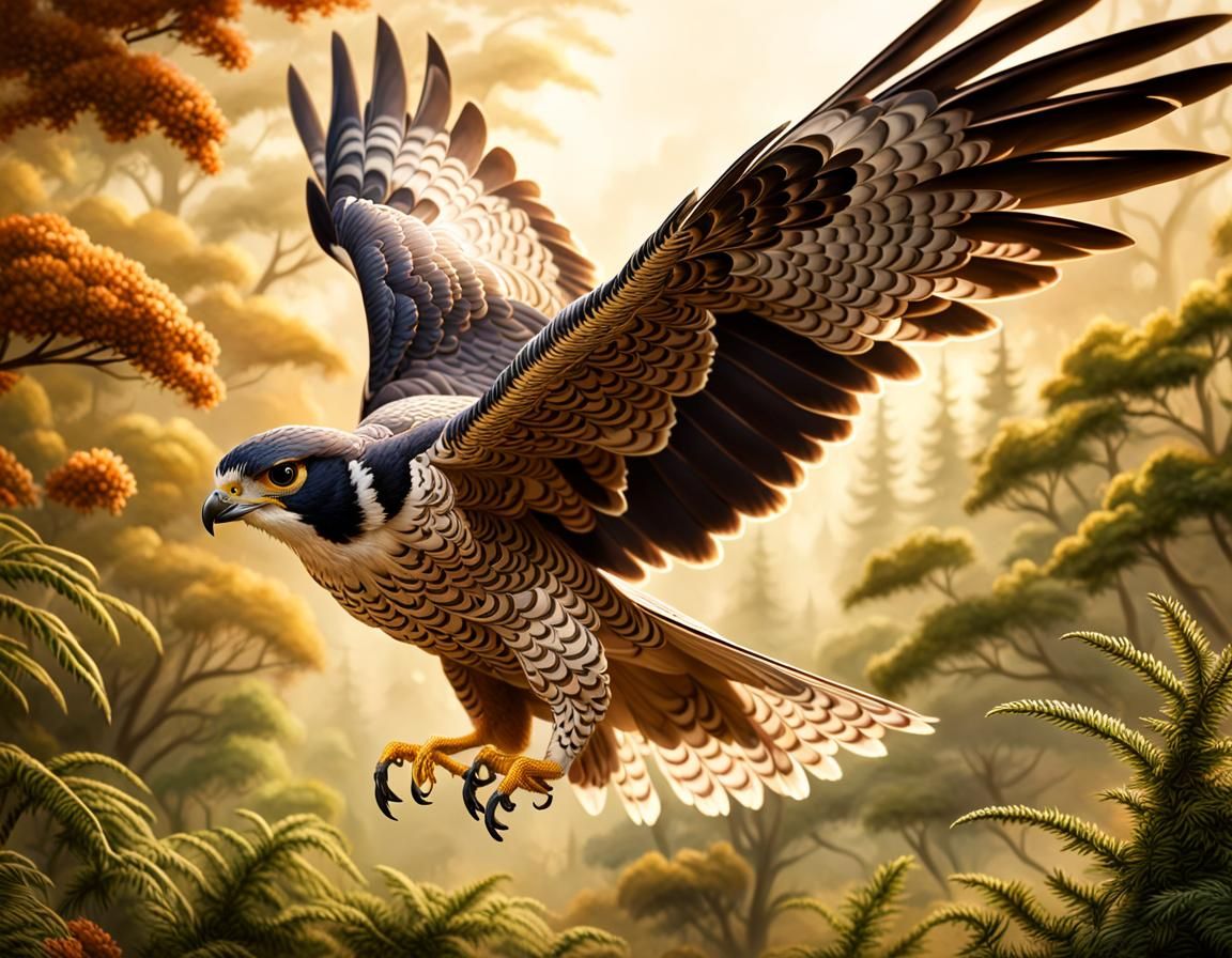 Hyperrealistic Pelegrine Falcon in Mid-Flight, Hunting a Sma...