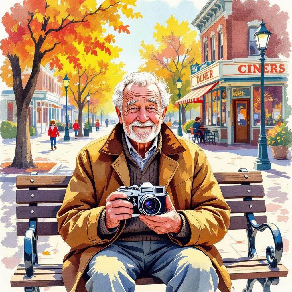 Elderly Photographer in Americana Gouache Painting