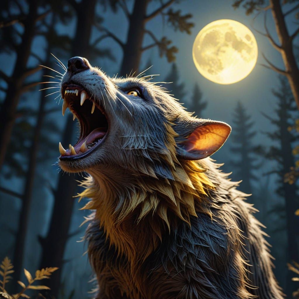 Werewolf Mouse Howling at Moon in Cartoon Style