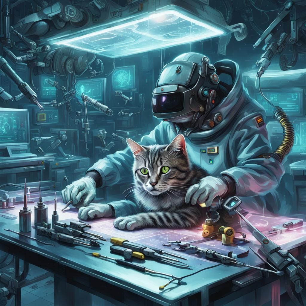Cyberpunk Animal Vet Performs Detailed Cyber Cat Surgery